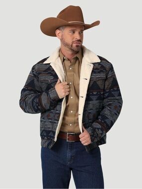 Wrangler Men's Sherpa-Lined Aztec Jacquard Pattern Jacket Navy & Brown Western